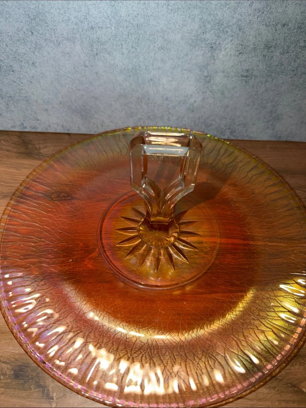 Iridescent Vintage Amber Glass Server Plate with handle